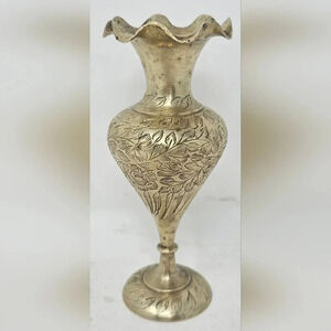 Vintage Solid Brass Flower Bud Vase Etched Gold Tone Made In India 5.5" Tall